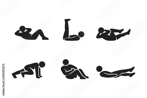 Set of six black silhouette icons depicting various abdominal exercises and core strength movements