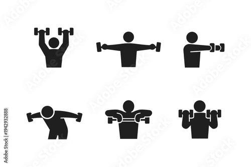 Set of six black icons depicting different dumbbell exercises for fitness and strength training