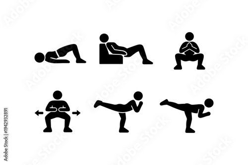 Collection of fitness icons showing different exercises and body movements