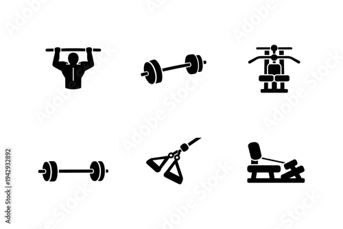 Collection of black fitness equipment icons on a white background for workout planning