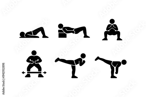 Set of six fitness exercise icons demonstrating different bodyweight and resistance band workouts