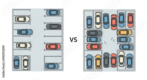 Parking Lot Comparison Organized Versus Crowded.