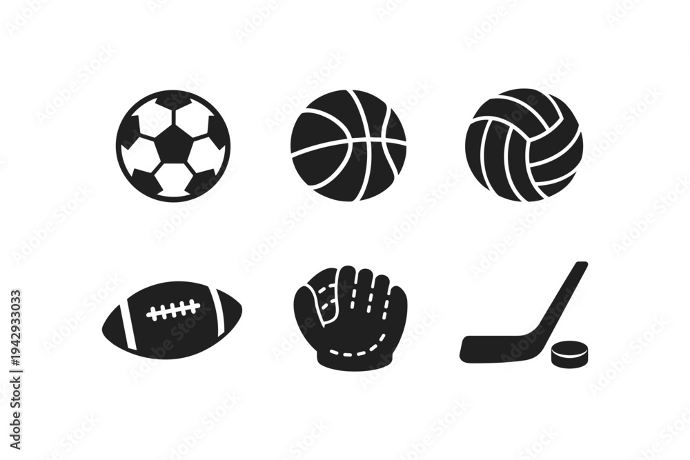 Naklejka premium Collection of six different sports balls and equipment icons on a white background