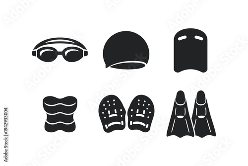 Collection of black swimming equipment icons on a white background
