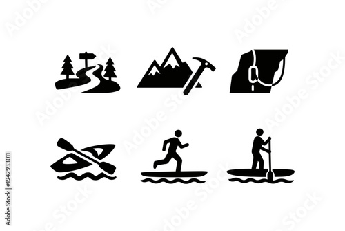 Collection of outdoor adventure sport icons including hiking, climbing, kayaking, and paddleboarding