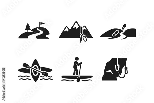 Collection of outdoor adventure sport icons including climbing, kayaking, and hiking