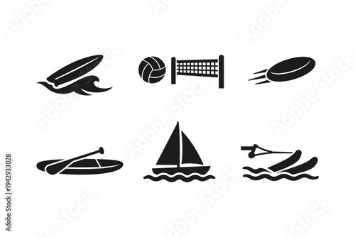 Collection of water sports and beach game icons on a white background