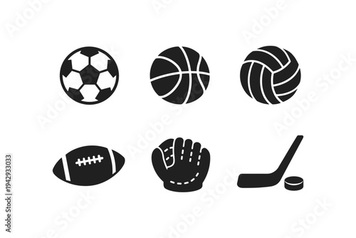 Collection of six different sports balls and equipment icons on a white background