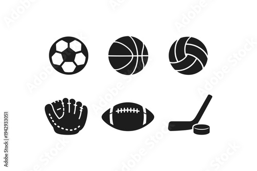 Collection of popular sports equipment icons on a white background