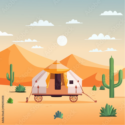 Desert wagon shelter in arid landscape