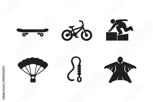 Collection of extreme sports icons including skateboard, bicycle, parkour, parachute, rope, and wingsuit