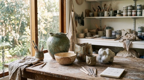 Pottery studio with handmade ceramic vessels on a wooden table, natural light