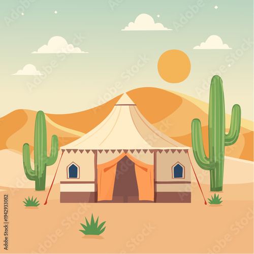 Desert wagon shelter in arid landscape