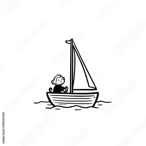 A smiling cartoon boy sailing alone on a small boat with a single sail on calm waters feeling happy and carefree