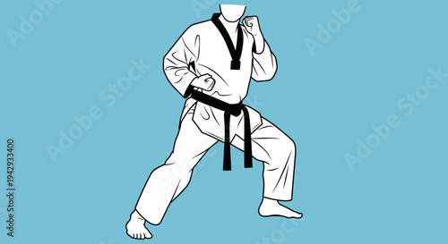 Taekwondo practitioner in uniform performing martial arts pose on blue background