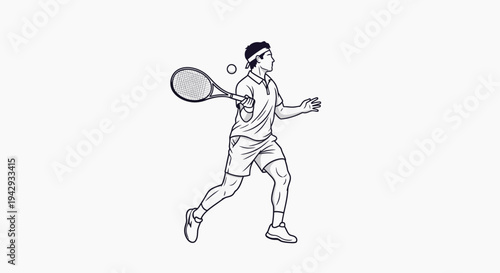 Tennis player hitting ball with racket against a white background