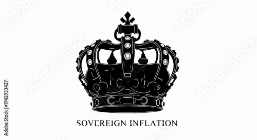 Ornate black crown symbol with text 'SOVEREIGN INFLATION' below, representing power and economic challenge.