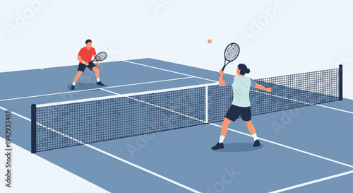 Tennis players in action on a blue court with a net and a ball