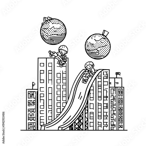 Black and white illustration of kids sliding down a giant slide in a cityscape with bombs floating above skyscrapers