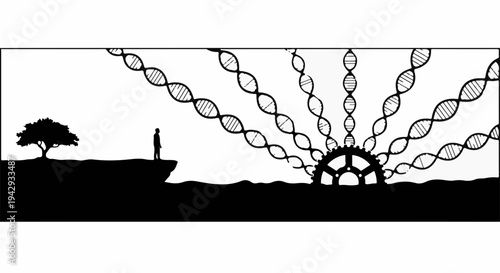 Man contemplates evolution and technology as a new dawn breaks with DNA strands and gears
