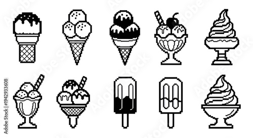 Pixel Art Ice Cream Icons Set Black and White Vector