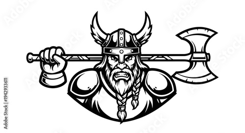 Viking warrior holding battle axe isolated vector illustration