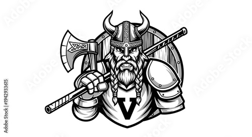 Viking warrior illustration holding axe and shield against white background