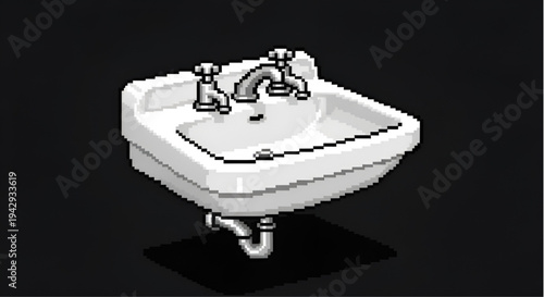 Isometric Pixel Art White Bathroom Sink with Faucets