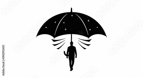Silhouette of a person walking under a protective umbrella with starry design