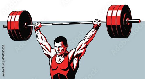 Weightlifter lifting heavy barbell overhead in a dynamic illustration