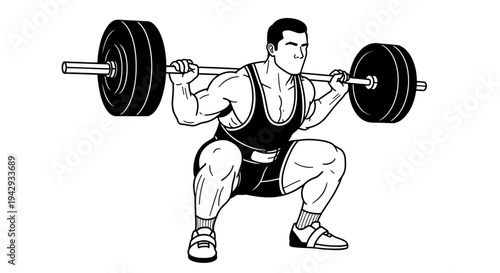 Weightlifter performing squat exercise with barbell isolated on white background