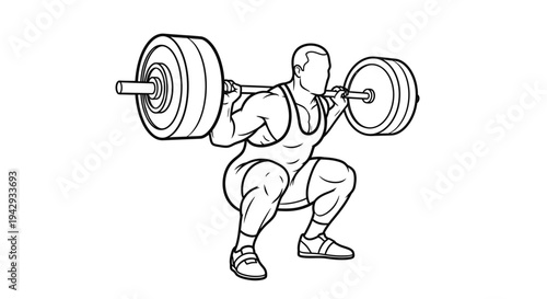 Weightlifter performing squat exercise with heavy barbell overhead