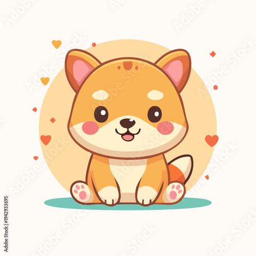 Adorable cartoon shiba inu puppy illustration sitting with a joyful expression and surrounded by tiny hearts, perfect for children's designs
