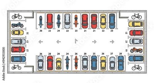 Aerial view of a busy parking lot with cars and motorcycles.
