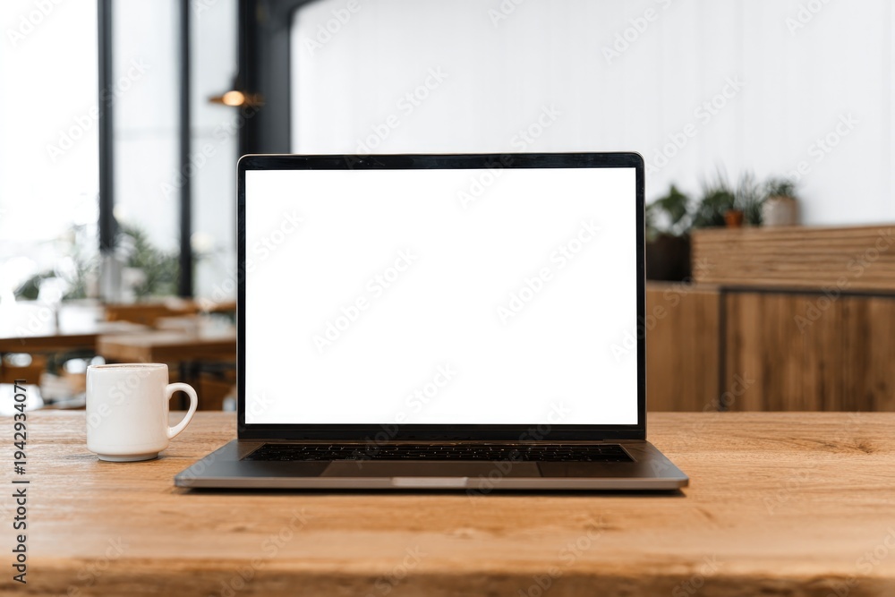 Fototapeta premium Minimalist workspace features laptop on wooden table, inviting c