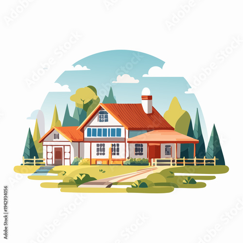 Peaceful Residential Haven Illustration Evoking Comfort and Tranquility Amidst Greenery, Ideal for Homeowner Dreams and Lifestyle Designs