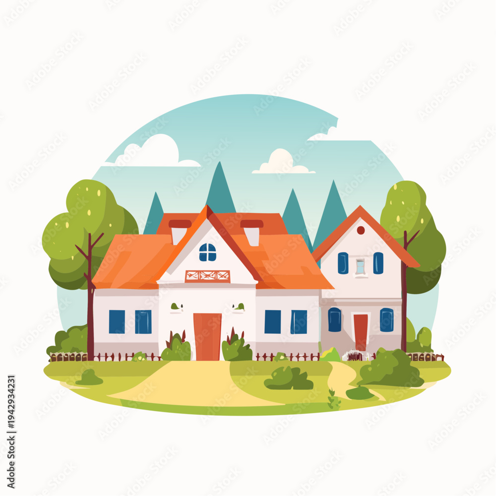 Naklejka premium Charming country house with lush green trees and scenic landscape background