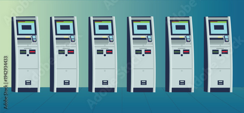Multiple self service ATM machines in a row inside airport terminal. Banking technology for travelers and passengers.
