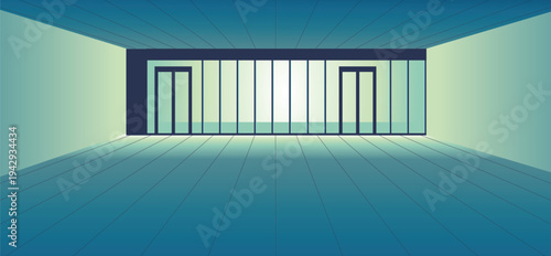 Empty airport terminal interior with large glass doors and modern architecture. Clean departure hall background for travel concepts.