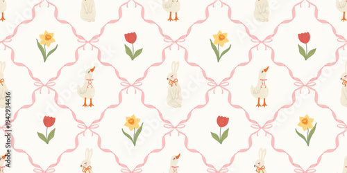 Seamless Easter pattern with cute, geese bunnies and spring flowers in ribbon frames and bows on light background. Vector hand drawn doodle design for holiday wrapping paper and nursery textile
