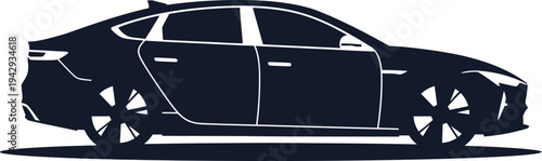 Sleek modern sedan silhouette with stylish wheel design in monochrome.