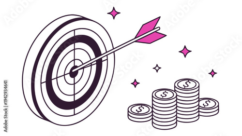 A vector graphic illustration of a target with an arrow hitting the center, surrounded by stacks of money and sparkles, symbolizing financial success and goal achievement.