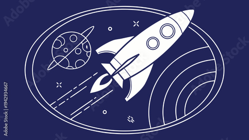 A white rocket ship blasting off into space with a planet and stars in the background, depicted in a minimalist vector graphic design.