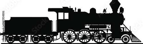 Vintage black and white illustration of a classic steam locomotive train