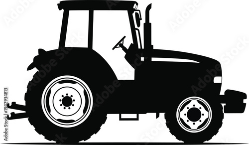 Black and white illustration of a classic agricultural tractor in profile view