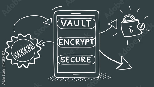 A vector graphic illustration of a secure mobile phone with encryption and vault icons
