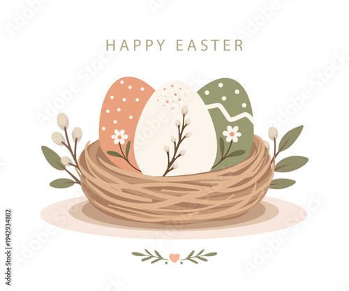 Happy Easter! Decorated Easter eggs in a wicker nest, in a modern flat style. Vector Easter illustration, soft pastel colors. Use for greeting cards, holiday designs, social media, and invitations