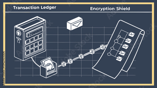 A vector graphic illustration of a transaction ledger and encryption shield in a flat, minimal design style