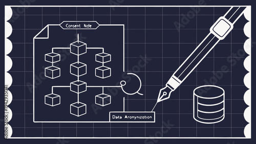 A vector graphic illustration of a data anonymization flowchart with a pen and database on a blueprint background
