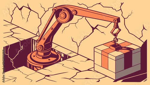 A robotic arm lifting a block from a cracked and broken foundation in a stylized vector illustration